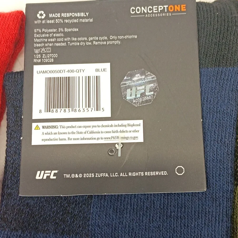 UFC Sport Red Blue Green 3 Pair Adult Men Crew Socks Size 6-12 NWT